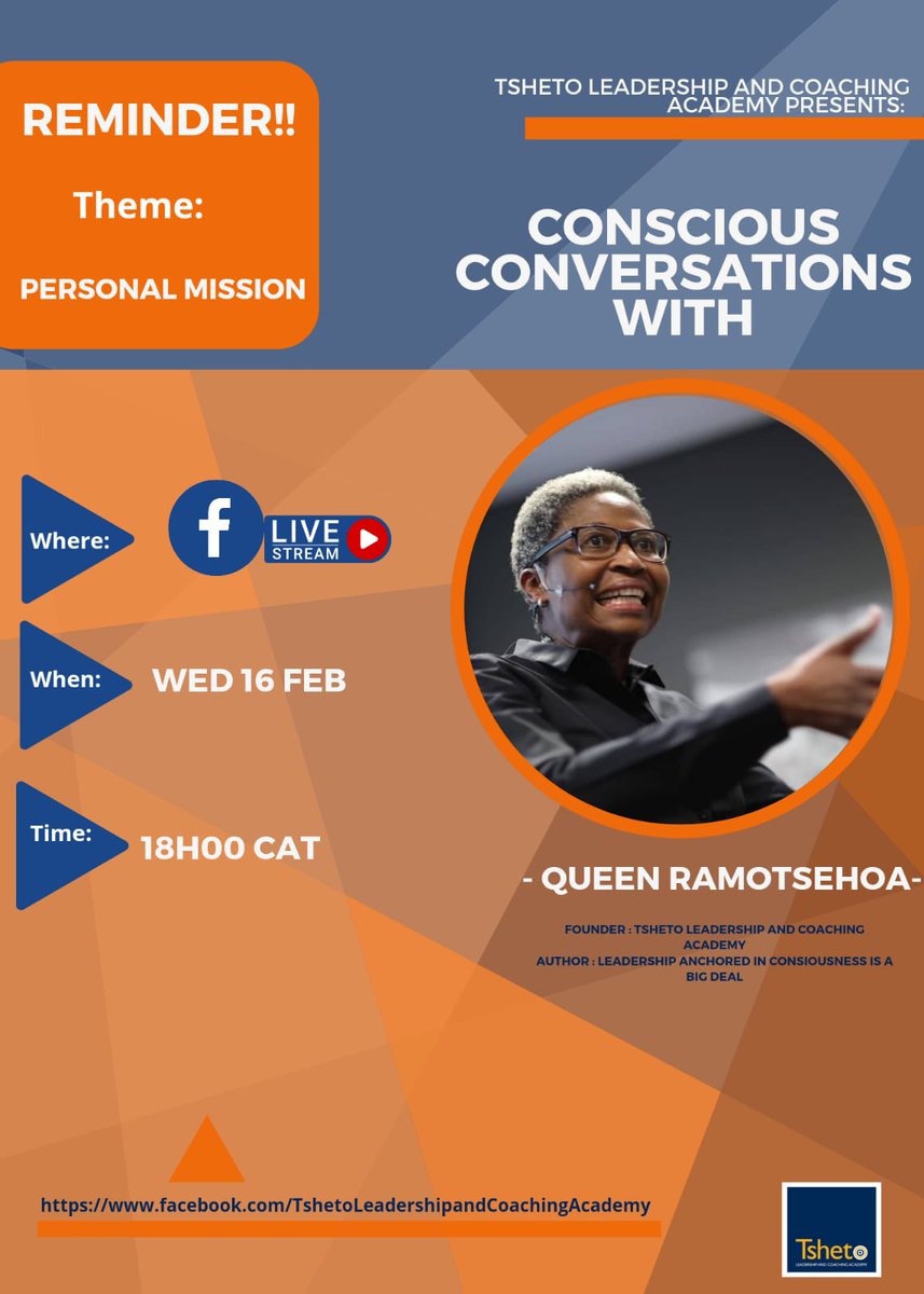 Tsheto_Academy's tweet photo. Session 3. Personal Mission. Please join 7s as we unpack powerful tools that will enhance your chances of achieving your goals and creating your STORY moving forward. 18h00 this evening. #LeadershipDevelopment #tshetocares #leadershipcoaching #consciousness https://t.co/NlNPce5idU