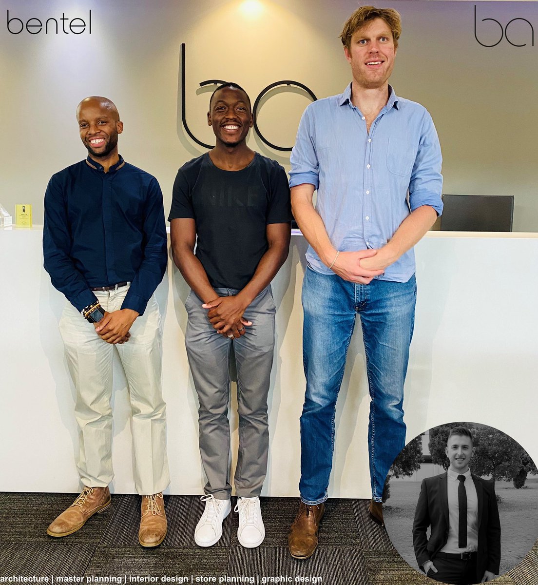 Bentel_Assoc's tweet photo. We welcome our new #TeamBentel members.
From left to right: Siphamandla Xulu (Intern), Monde Mbhele (Intern), Angus Gordon (Architect), Craig Anavi (Architect).
We wish you growth and success within the Bentel family.
 
#TheBentelWay🇿🇦 https://t.co/7zq2stUzgt