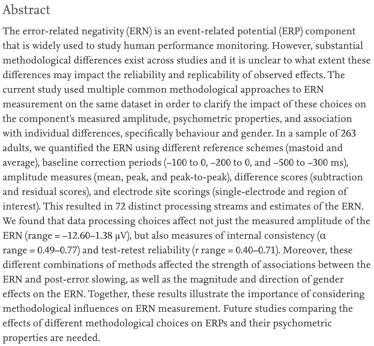 clayson_peter's tweet photo. A nice example of how different methodological choices for @AcademicEEG can lead to different inferences for relationships between ERN and behavior/gender. Choices matter!

Authors: @AislinnSandre, Banica, @AnjaRiesel, @JkayFlake, @JKlawohn, @aefweinberg

https://t.co/4Rji5ypROt https://t.co/L43mg72SOm