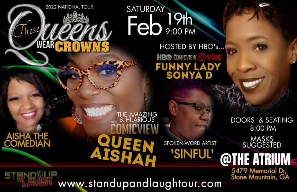 Saturday Night Comedy at The Atrium🤣
Funny Lady Sonya D Hosting🎙
These Queens Wear Crowns👑
Full Evening of Laughter &amp; Fun!😆
We Got The Chef in Kitchen🍗 &amp; 🍷The Bar on Tilt!
FEBRUARY 19TH @ 8PM👍🏽💥💯
#theatrium #comedy #laughter #saturdaynight #dekalbcounty #food #drinks