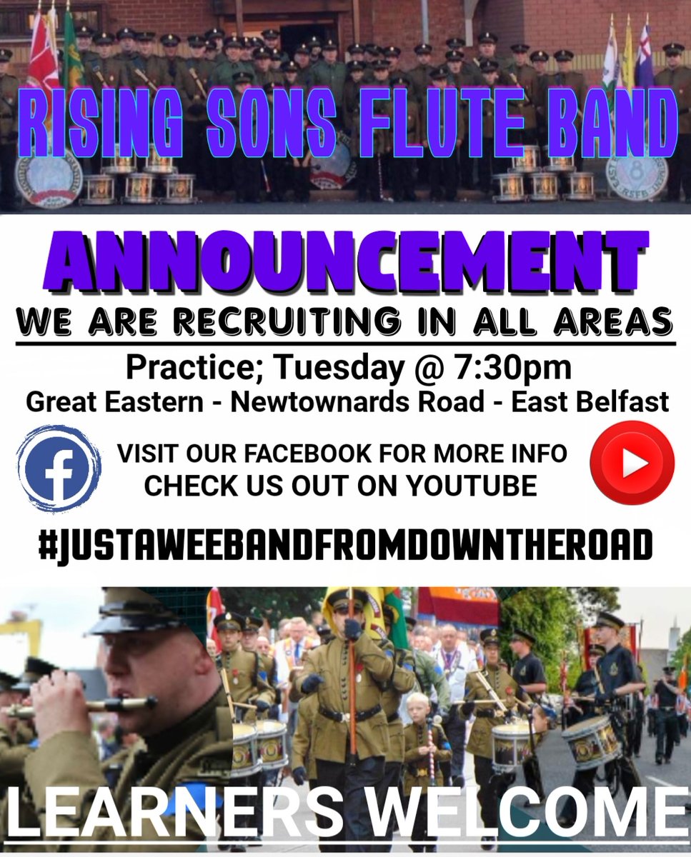 rsfb_1985's tweet photo. WE WANT YOU! Are you thinking of joining a band? We are recruiting in ALL areas. Whether you're a 20-year veteran or picking up the flute for the first time, you're welcome in our ranks. Full tuition provided. Come and be a part of something. #RSFB #ONCEASON #EastBelfast https://t.co/Bbh2As5OEK