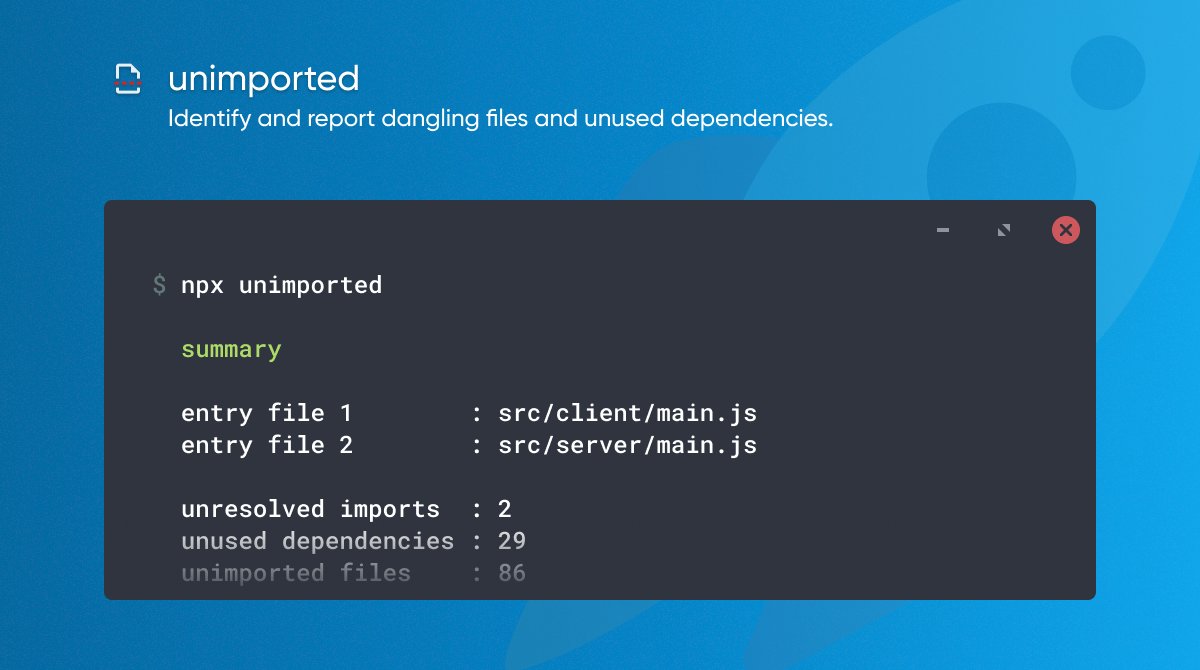 zamarrowski's tweet photo. 💡 Si quieres saber que componentes no se están usando o que código muerto tienes en tu proyecto puedes usar: `npx unimported` y te dice hasta las dependencias que no usas 😃 https://t.co/9gVrRlaZgo