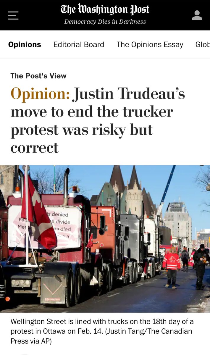 AskAnshul's tweet photo. The Washington Post

1. Opinion on farmers' protest in India.

2. Opinion on trucker protest in Canada.

National emergency in Canada over truckers’ protests is correct. Liberal fascism is good &amp; sweet. https://t.co/L1N4vXvSc2