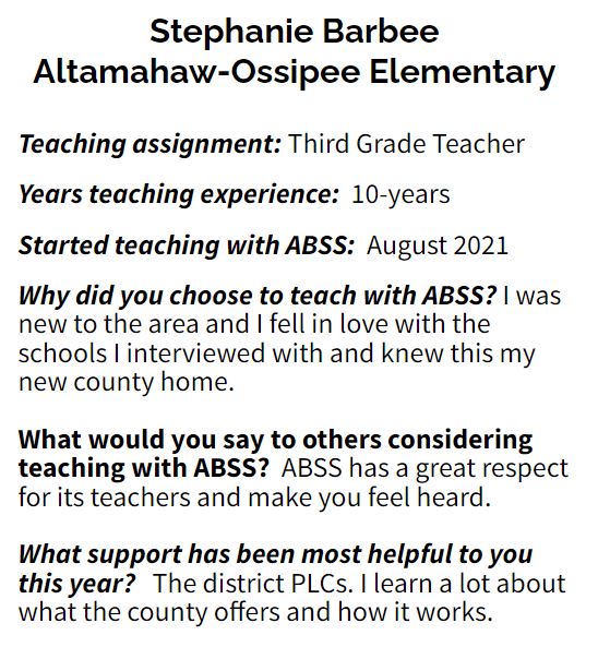 New Teacher Spotlight - Stephanie Barbee joined AO Elementary <a href="/aolets_go/">AO Elementary School</a> as a 3rd Grade Teacher in August.  She has 10-years prior teaching experience. Her advice for others considering ABSS? "ABSS has a great respect for its teachers and make you feel heard." #ABSSNewTeachers