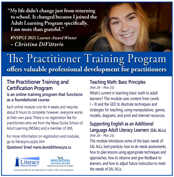 Register now for #PractitionerTraining modules scheduled to run from February 28 – March 25.
Email marie.david@literacyns.ca These modules are funded by the Department of Labour, Skills, and Immigration to support the NSSAL system.
literacyns.ca/ptc.htm
#LiteracyChangesLives