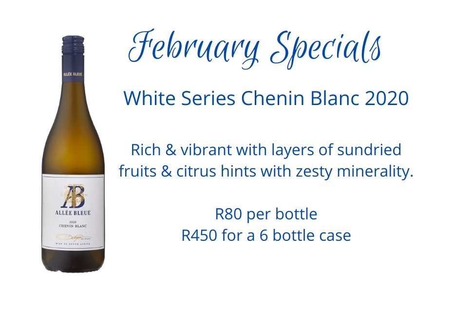 AlleeBleue's tweet photo. An SA favourite! Our 2020 Chenin Blanc is one of our #FebruarySpecials. Avail thru our Tasting Room or by emailing ambassador2@alleebleue.com only while stocks last. Find out more & see our other specials:
https://t.co/k0U8v573nx
@Franschhoek_SA @CheninBlancSA #DrinkChenin https://t.co/MLghb7CEPZ