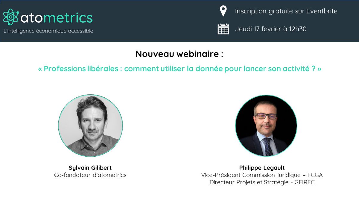 Atometrics (@atometrics) on Twitter photo Nouveau webinaire 👉 Professions libérales : comment utiliser la donnée pour lancer votre activité ? Avec <a href="/phlegault/">Philippe Legault</a> Vice-Président de la Commission Juridique de la <a href="/FederationCGA/">FCGA</a> et Directeur Projets et Stratégie chez <a href="/SasGeirec/">GEIREC SAS</a>
Lien d'inscription : eventbrite.fr/e/billets-webi… Nouveau webinaire 👉 Professions libérales : comment utiliser la donnée pour lancer votre activité ? Avec <a href="/phlegault/">Philippe Legault</a> Vice-Président de la Commission Juridique de la <a href="/FederationCGA/">FCGA</a> et Directeur Projets et Stratégie chez <a href="/SasGeirec/">GEIREC SAS</a>
Lien d'inscription : eventbrite.fr/e/billets-webi…
