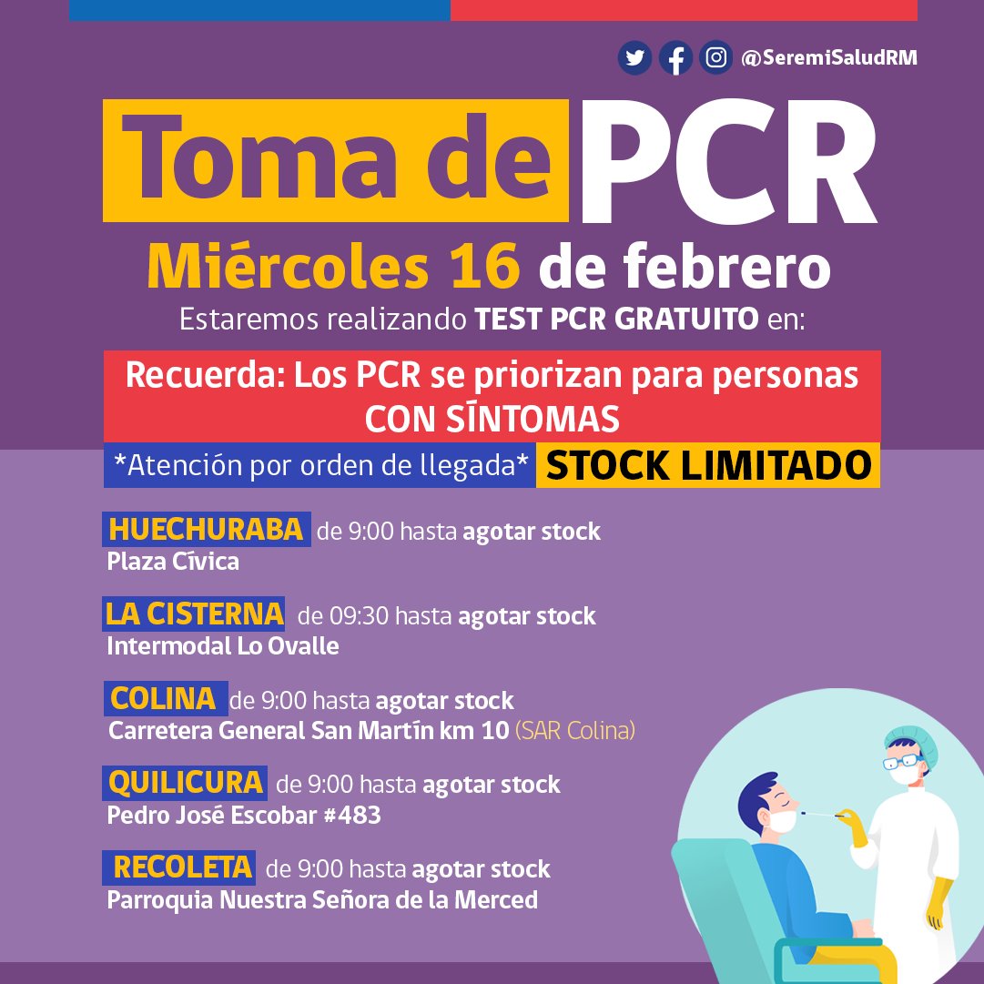 SeremiSaludRM's tweet photo. Este miércoles, los móviles de #PCR estarán en las siguientes comunas de la #RM para la Búsqueda Activa de Casos, #BAC. 💉🚑💉🚑. @munihuechuraba, @Muni_LaCisterna, @MuniColina, @muniquilicura, @Muni_Recoleta, @MuniLaPintana, @munimelipilla, @munitiltil, @Muni_provi. https://t.co/W4bhWG8Npm