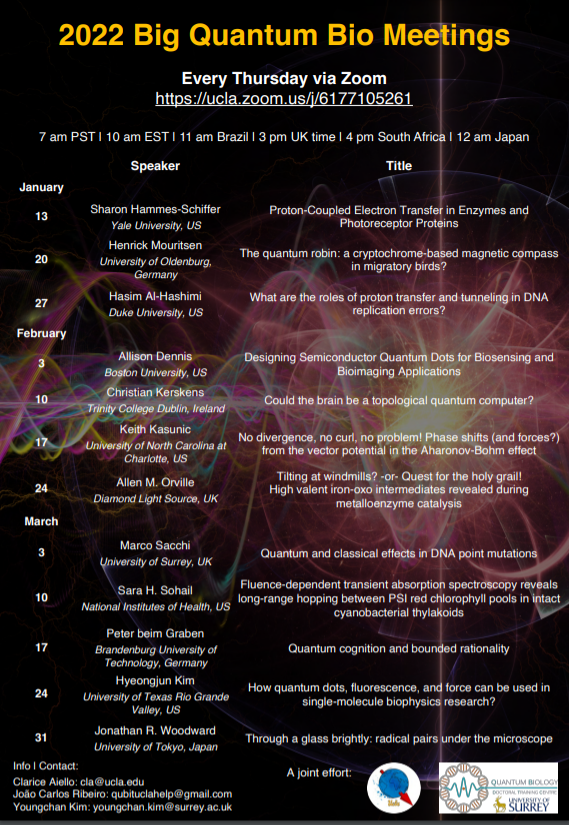 For tomorrow's Big Quantum Bio Meeting we are joined by Keith Kasunic from the University of North Carolina (further information in poster); Thursday Feb 10, 3pm London/7am PST 

Organized by ourselves (<a href="/UniOfSurrey/">University of Surrey</a>'s <a href="/QB_DTC/">Quantum Biology Doctoral Training Centre</a>) and @QuBiT_UCLA
