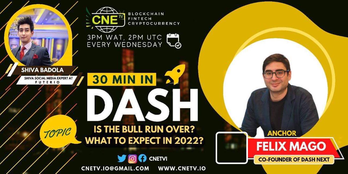 Dash Next is going to present today again 30min in #Dash with @FelixMagoCrypto and guests <a href="/Shivabadola/">Shiva Badola</a> at CNETV. Tune in!