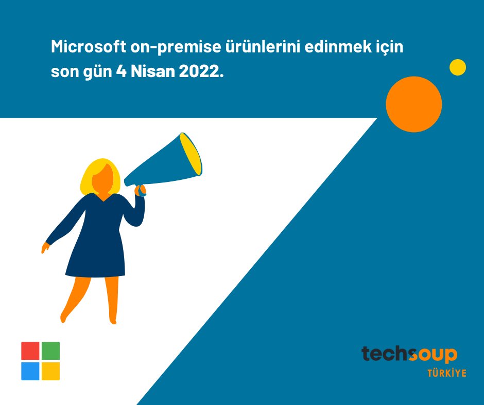 Microsoft’un popüler ürünlerinden Office Standard, Project, Windows Server gibi ürünlerin on-premise lisansları 4 Nisan 2022'den itibaren kâr amacı gütmeyen örgütlere bağış olarak sunulmayacak. 
Ürünleri incelemek için; techsoupturkiye.org.tr/directory/396