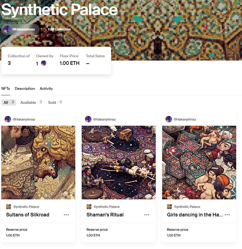 Dear friends, ı am happy to announce my last collection   Synthetic Palace is minted and listed on my foundation account.

I am very curious about your thoughts on this new collection where I talk about the rituals in the Ottoman Empire.

foundation.app/collection/syn…
