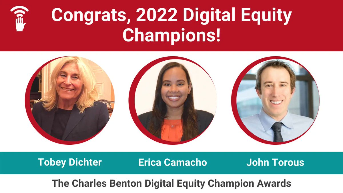 netinclusion's tweet photo. Meet our 2022 Benton Digital Equity Champions! CONGRATS Tobey Dichter, @generationsonli - Champion - and Emerging Champions @EricaJCamacho &amp; @JohnTorousMD, working at the intersection of digital inclusion and mental health at @BIDMChealth https://t.co/4q7b7dJis7 @Benton_Inst https://t.co/S3ILDpikpe