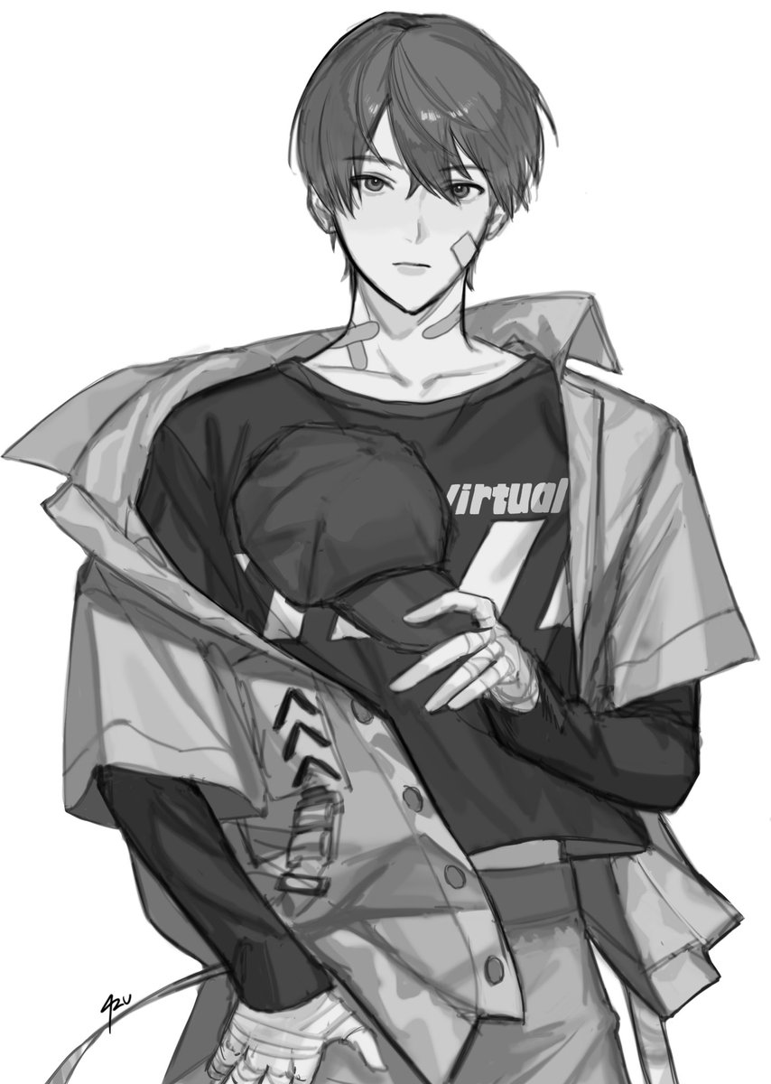 greyscale 1boy monochrome male focus hat solo holding clothes  illustration images