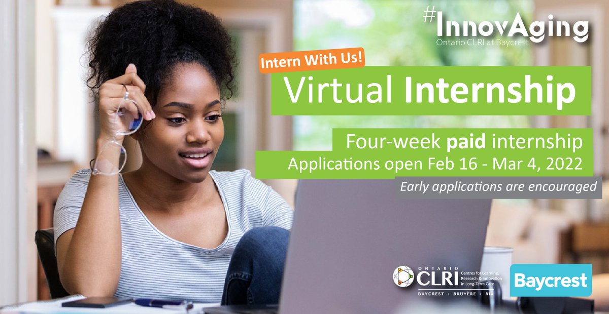 CLRI_LTC's tweet photo. Today is the day! Apply for the Ontario CLRI @Baycrest Virtual Internship in Innovation & Aging: paid, summer internships open to students in health-care programs.
Apply by March 4.
Early applications encouraged: https://t.co/rk56tui4T3
#InnovAging #LongTermCare #Internship https://t.co/1BrPGfD6K9