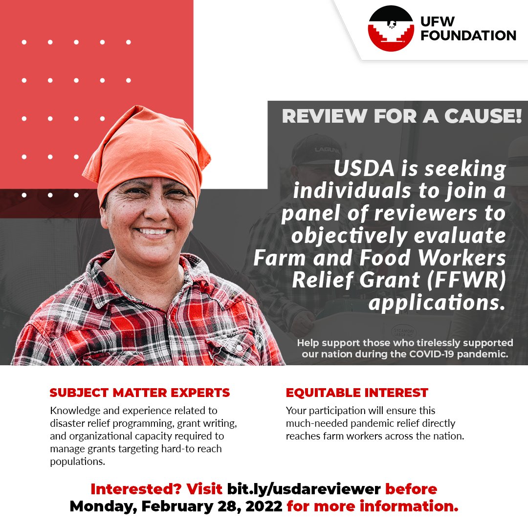ufwfoundation's tweet photo. USDA AMS is seeking subject matter experts with appropriate experience and background as Panel Chairs and Reviewers to help evaluate submitted Farm and Food Workers Relief Grant Program (#FFWR) applications.
If interested go to https://t.co/kHQw0aX5IJ before Monday, Feb, 28. https://t.co/ccLJH41EK1