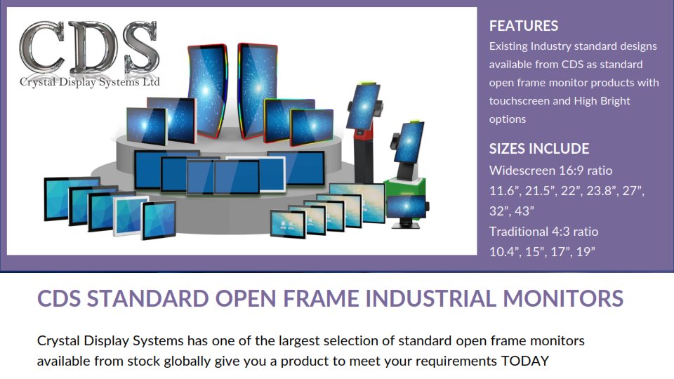 CrystalDisplays's tweet image. Crystal Display Systems is a major supplier of open frame and touch screen monitor products which are shipped globally for many applications and to meet specific customer or company requirements.
 #OpenFrameMonitor #TouchMonitor
ow.ly/e9Zu50HWkcq