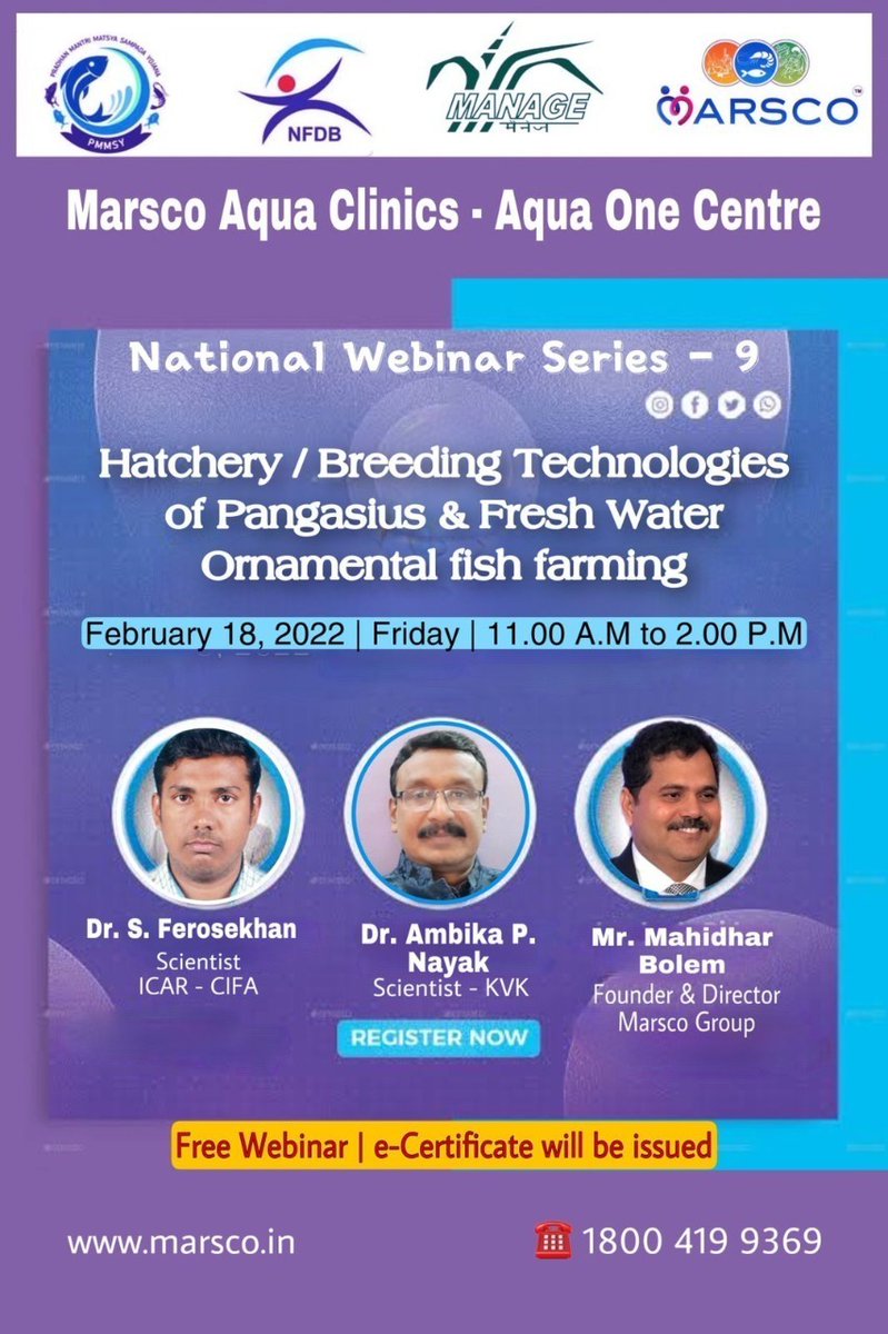 nfdbindia's tweet photo. #EventAlert 📢

#Webinar on “Hatchery/Breeding #Technologies of Pangasius &amp; Freshwater Ornamental #Fish #Farming" is being organized by #Marsco Aqua Clinics (#Aqua One Centre) at 11 AM on 18.02.2022. Please register on:  https://t.co/WNVGk260Ca

#PMMSY https://t.co/TEJ4EAHVvU