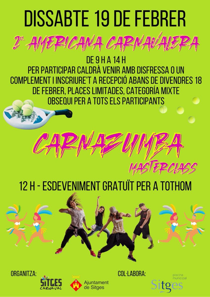 VisitSitges's tweet image. Fan del padel?  Dissabte tens la 2a Americana Carnavalera de 9h a 14h!
Fan del Zumba? Dissabte també tens Carnazaumba masterclass a les 12h!
On? Piscina Municipal
Places limitades !!

🎭 PROGRAMA CARNAVAL SITGES 2022
visitsitges.com/ca/carnaval-si…

@SitgesCarnaval