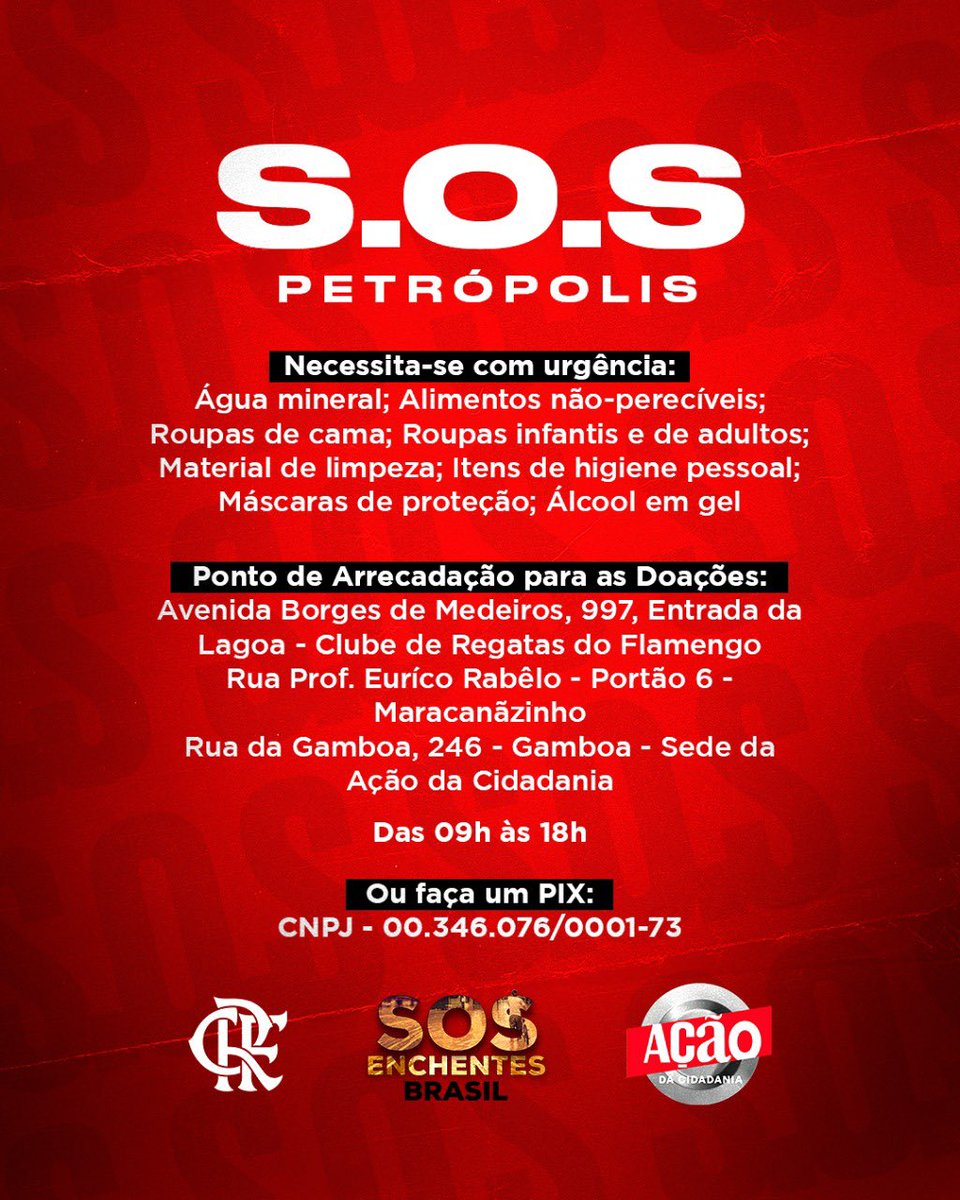 Flamengo's tweet image. Alô, Nação! 

Vamos ajudar os nossos amigos de Petrópolis! 

Confira os pontos para as doações! 

Juntos somos mais fortes! 💪

#CRF