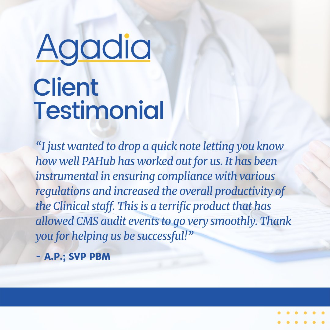 Over 45 of the nation's leading Health Plans and PBMs are leveraging PAHub to streamline and control all clinical, compliance and administrative aspects of Prior Authorization at the point-of-care. Request a demo here: agadia.com/schedule-live-…