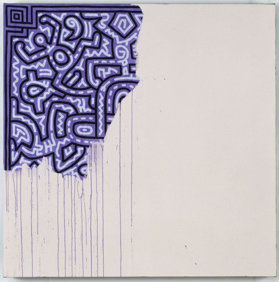 TODAY IN LGBTQ+ HISTORY: On February 16, 1990, artist Keith Haring dies of AIDS at the age of 31. Known for designing the National Coming Out Day logo, below is his less known 'Unfinished Painting,' which he intended to serve as a reminder of his own life being cut short by AIDS.