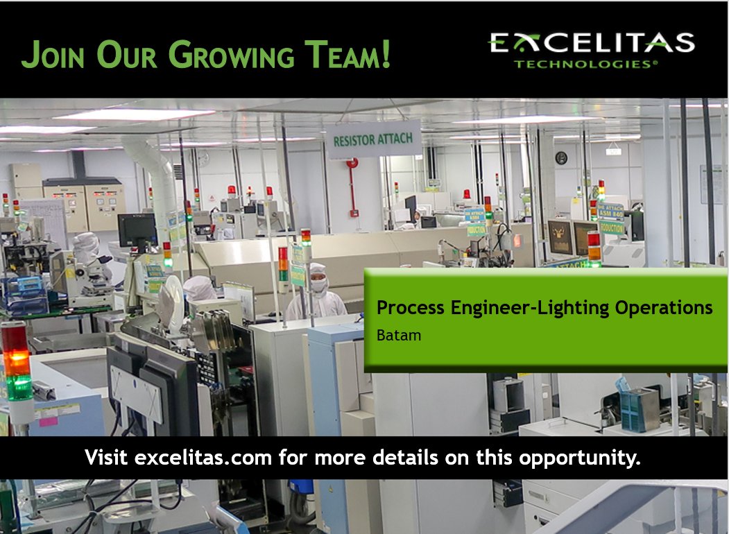 Excelitas's tweet image. Our team in Batam is looking for a Process Engineer-Lighting Operations who shall drive quality and line improvements towards achievement of operation’s performance goals. 

Learn more and apply to this vacancy here ow.ly/u8lz50HWyLw

#excelitastechnologies #nowhiring