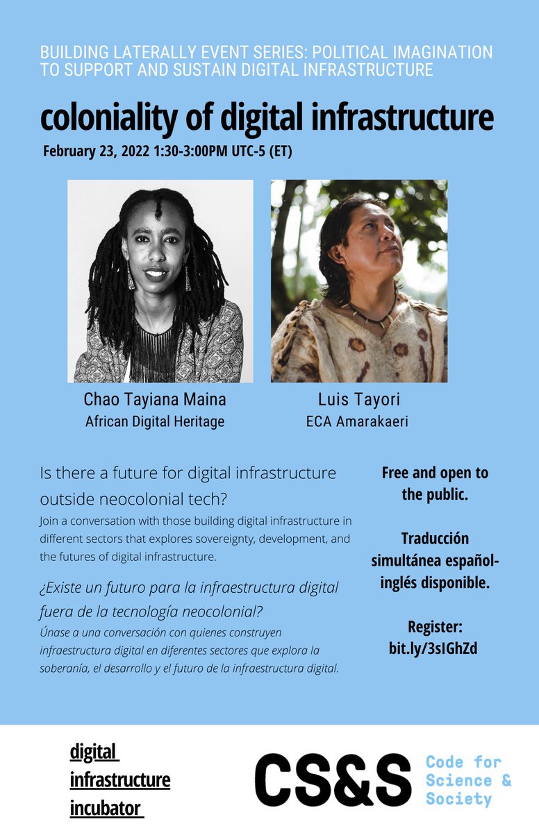 The next event of our Building Laterally series in 1 week! <a href="/ChaoTayiana/">Headstrong Historian</a> &amp; Luis Tayori discuss how they encounter, confront, subvert, circumvent #colonial histories &amp; contemporary realities as they build #digital tools, platforms, archives, systems.Join us! eventbrite.com/e/coloniality-…
