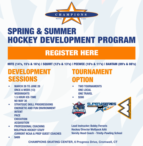 Looking to develop your hockey skills? Well we got some exciting news for you! Registrations are open NOW for the spring &amp; summer hockey development program hosted at <a href="/ChampionsSkate/">Champions Skating</a>  ! Visit hartfordjrwolfpackyouth.com for more information! Program is not gender specific. #hockey