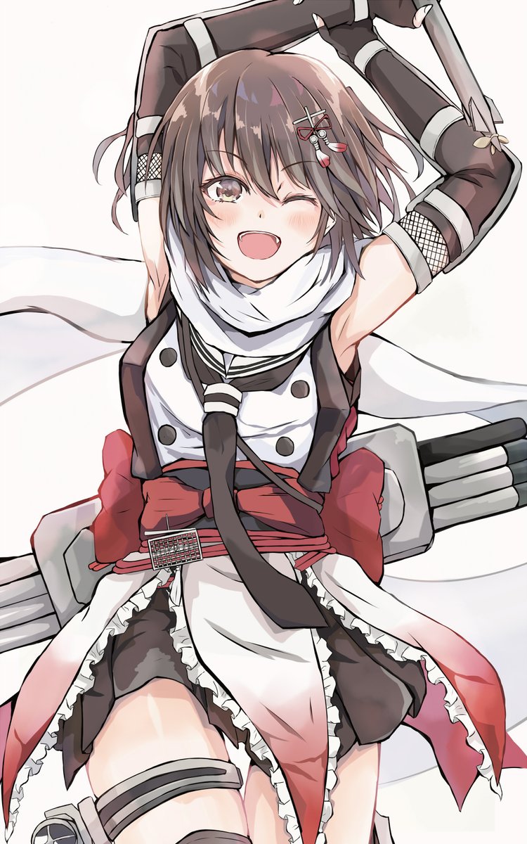 sendai (kancolle) ,sendai kai ni (kancolle) 1girl solo one eye closed torpedo white scarf gloves brown eyes  illustration images