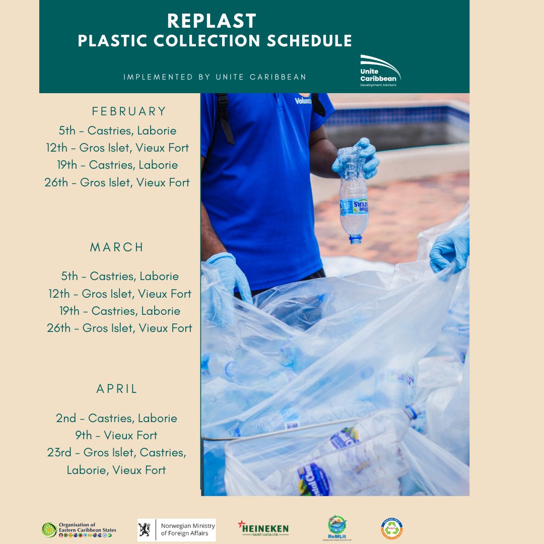 Interested about #recyclingplastic in Saint Lucia? Have a look at the #RePLASTOECS plastics collection points schedule until the end of April
