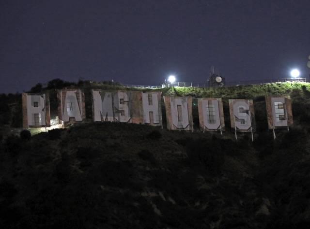 The crew worked into the night to finish the transformation of the Hollywood Sign to RAMSHOUSE! This is the first photo, shot by David Livingston for the Hollywood Sign Trust. 

#hollywood #hollywoodsign #ramshouse #superbowl2022 #superbowl