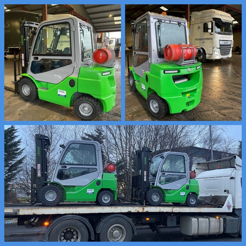 AMHandling's tweet photo. Two brand new Cesab M325 gas machines delivered to our customer this morning.  
You will see instantly that a CESAB M325 is a quality truck. The superb build quality of every truck is confirmed by the rigid steel side panels and perfectly formed bodywork, designed to help https://t.co/HZwXoHzhbs
