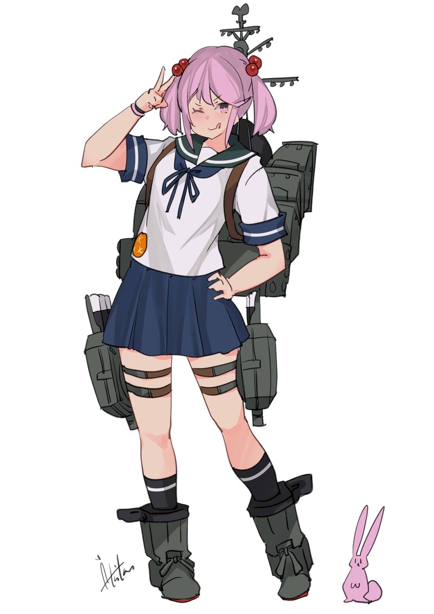 sazanami (kancolle) 1girl school uniform serafuku pink hair twintails hair bobbles rabbit  illustration images