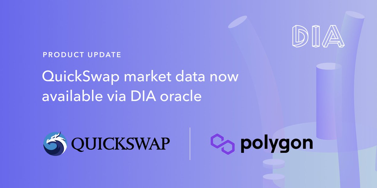 AnnieBen15's tweet photo. With #QuickSwap's market data now on DIA oracle, single trades data from #QuickSwapDEX can be used to build price feeds for #Polygon native assets via this product update.
#dApps can now leverage DIA price feed #oracles for assets solely operating on @0xPolygon.
#QUICK #dQUICK https://t.co/7r2VEQcPQC