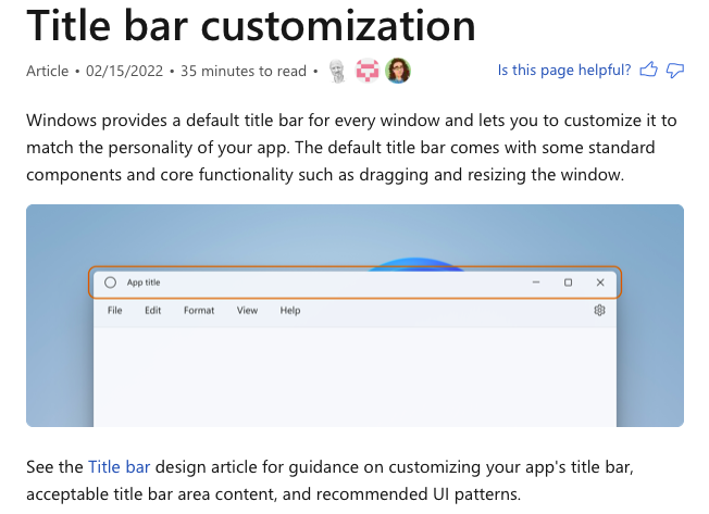 WindowsDocs's tweet photo. So you've woken up this #WinUIWednesday and find that you need to customize the title bar of your #Windows app?
 
Have at it!
 
Here’s a fresh doc with guidelines, recommendations, and CODE!
 
https://t.co/YyQq7x4RDA
 
#WinUI
#WindowsAppSDK
#UWP https://t.co/sQMVMVUqKw