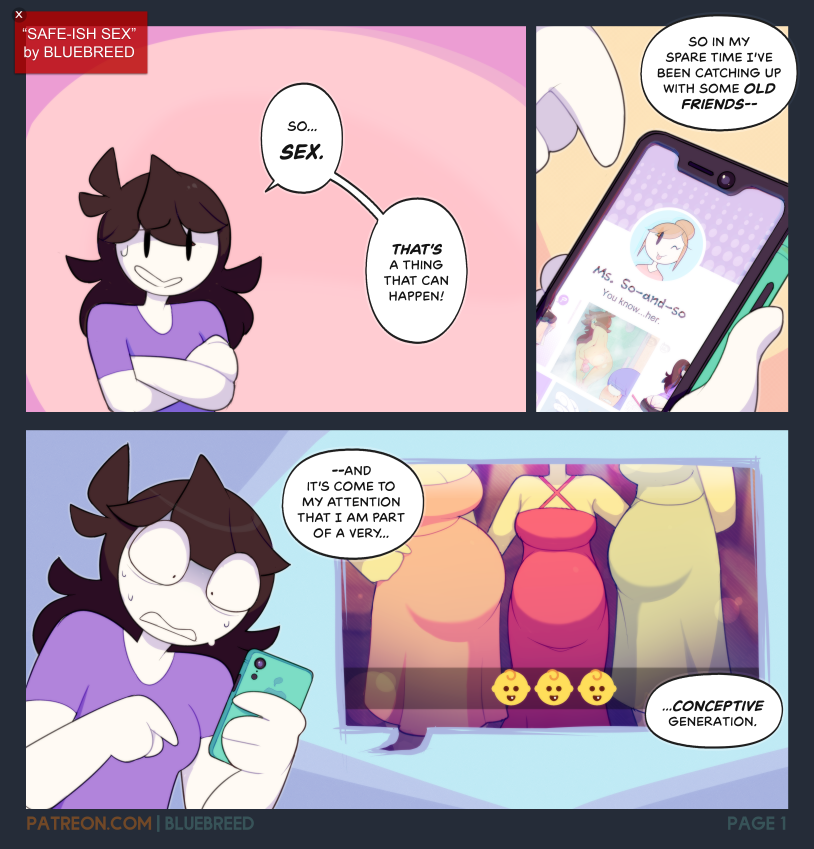 Blue_Breed's tweet photo. Here's a thread of my Jaiden Animations parody comic, "Safe-ish Sex"! 

💜I'll be updating this thread as new pages are released!💜

If you'd like to support the comic and see new pages as they come, consider supporting it via Patreon!: https://t.co/VvKFZC094V https://t.co/KbK5cH0z00