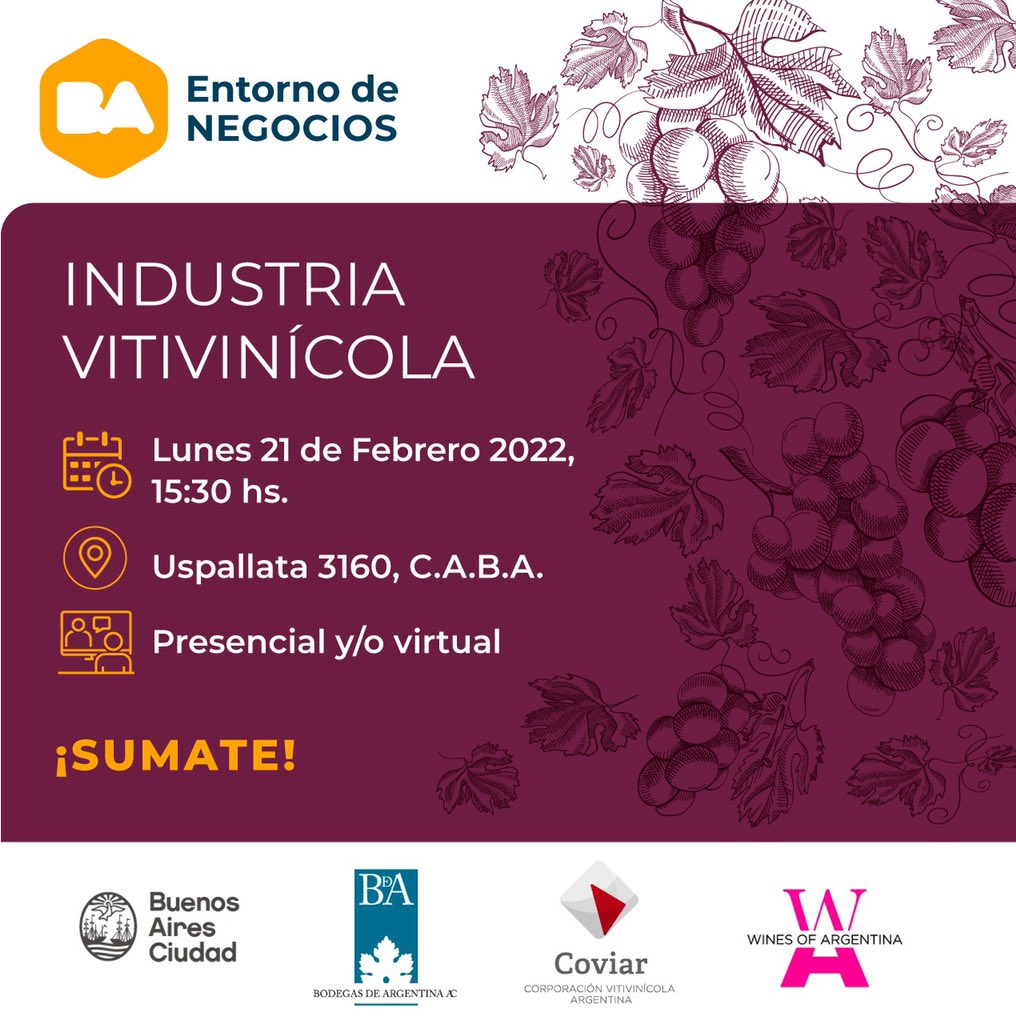 Junto al Gobierno de la Ciudad de Buenos Aires, a través de la Subsecretaría de Relaciones Institucionales, te invitamos a participar de BA Entorno de Negocios: Industria Vitivinícola 🍇