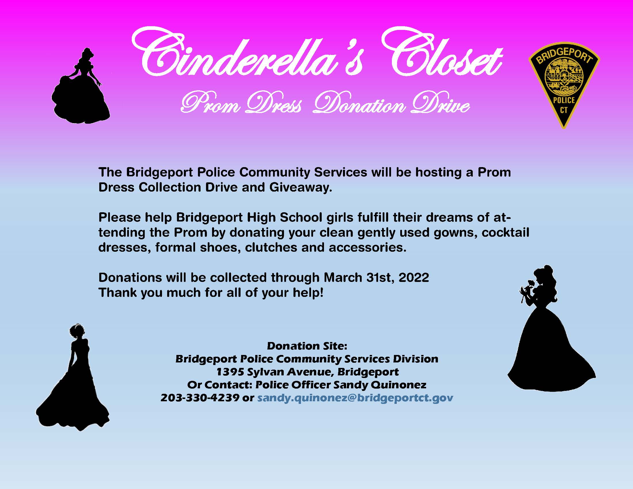 Bridgeport Police on X Cinderella s Closet Bridgeport Police Community Services is hosting a Prom Dress Collection Drive Giveaway Help BPT High School students fulfill their dreams of attending Prom b...