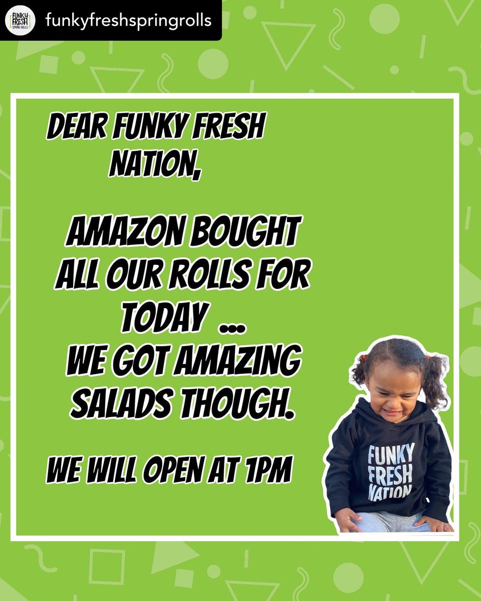 ALERT 📣: Today @FFSpringRolls has taken on the good deed of providing Spring Rolls for @amazon for their service today. They are all out of spring rolls for the day, explore their delicious menu alternatives.