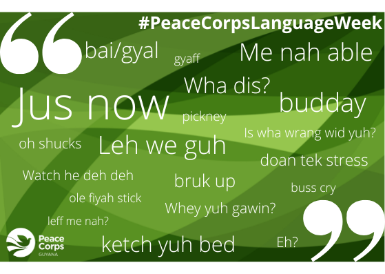 peacecorpguyana's tweet photo. Though listed as the official language of Guyana, English is second to Guyanese Creolese which is spoken informally. Recognize any of these common words and phrases? #PeaceCorpsLanguageWeek #PeaceCorps
https://t.co/uMIZMIsZlk https://t.co/FtGDvoY6xa
