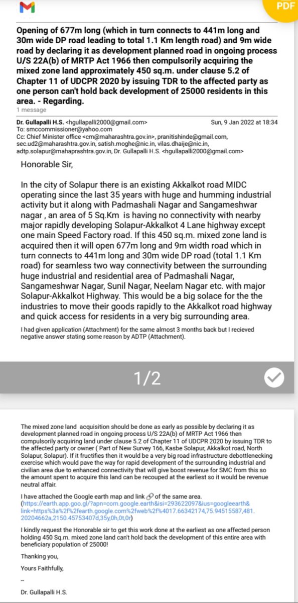 GP4IND's tweet photo. I requested @BJP4India led @smcsolapur to acquire just 50m long 9m wide road to open 1100 m long road which can give highway access to the huge residential and industrial area with minimal investment but SMC is in denial mode. I req MP @drjaisiddeshwar to have a look. @PMOIndia https://t.co/jjufHSHu8M