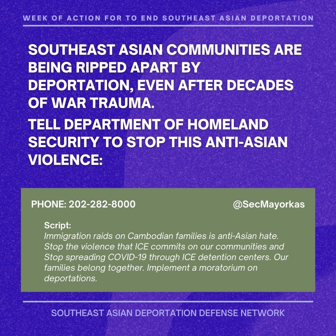 We demand a moratorium on deportations immediately <a href="/ICEgov/">U.S. Immigration and Customs Enforcement</a>. These arrests directly contradict the efforts of <a href="/POTUS/">President Donald J. Trump</a> to reduce removals of our communities. Southeast Asians are here in the first place because of US bombing and military intervention. #StopTheRaids #LiftTheSanction