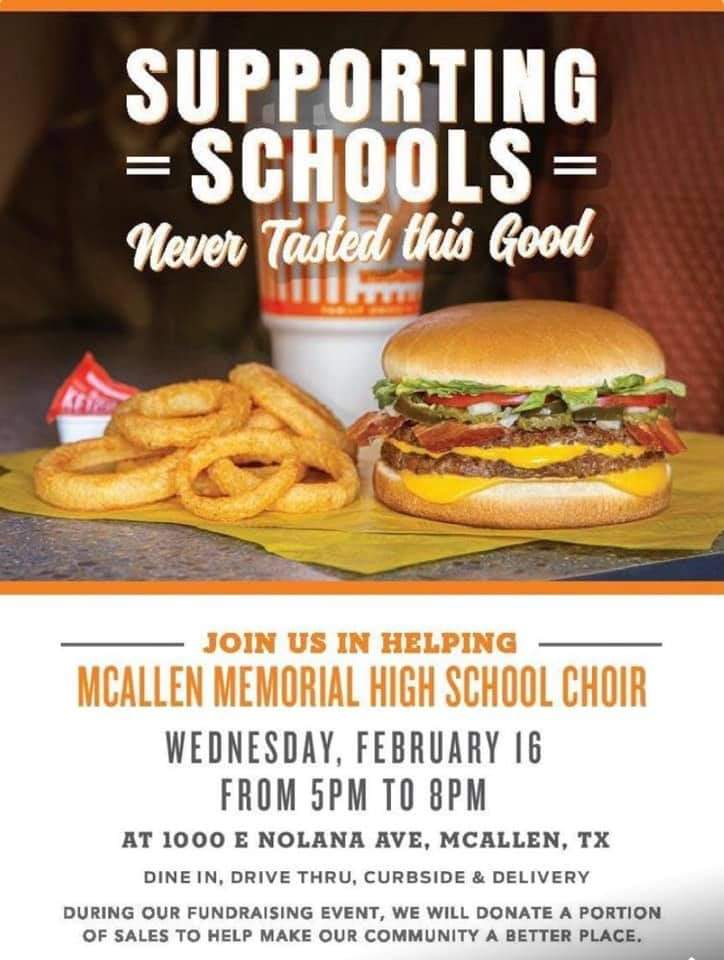 govick1982's tweet photo. Don't worry about cooking dinner tonight, head on over to Whataburger, grab dinner and support the @mcmemorialchoir! Dine in, drive thru, or carry out and support an amazing program!!  @Pride_Mustangs @memstuco @mcallenfinearts @McAllenMemorial @ramjrcastillo @CassandraRRodr1 https://t.co/9uXXnuCWZI