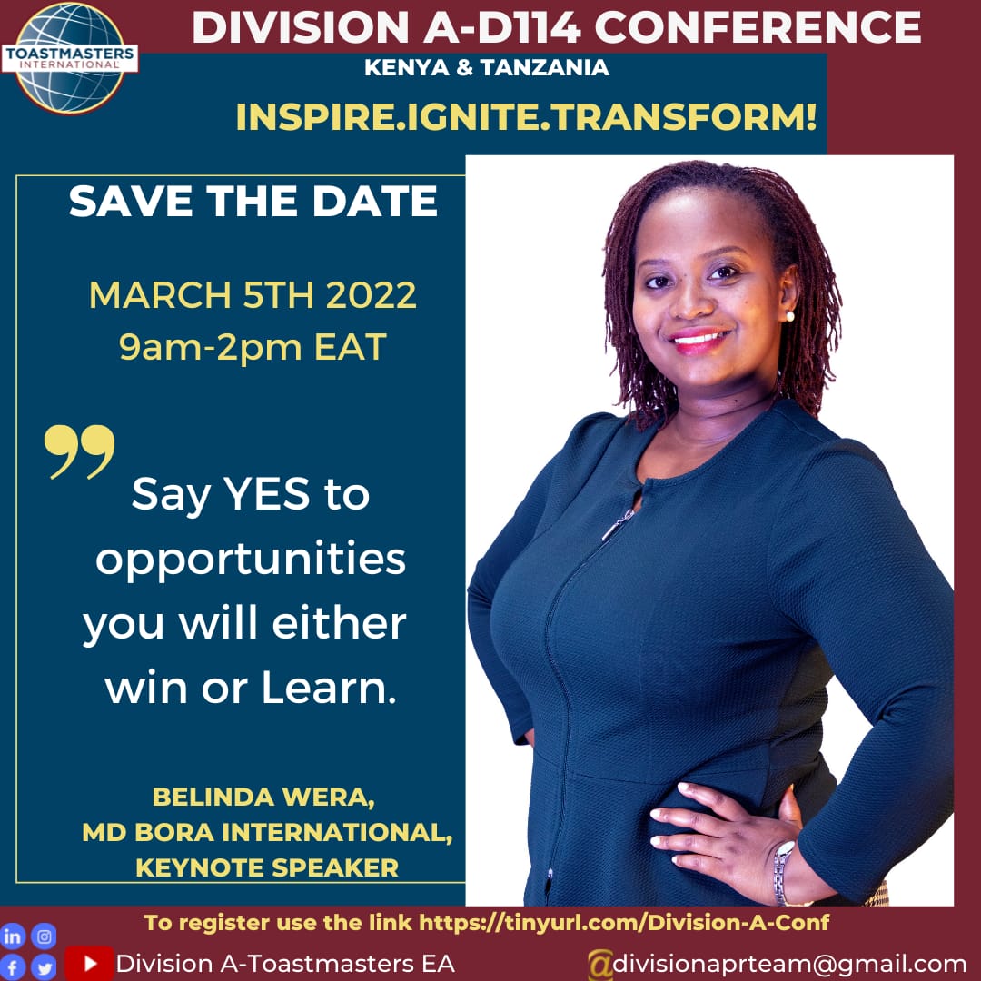 toastmasters_a's tweet photo. ARE YOU READY TO be IGNITED, INSPIRED &amp; TRANSFORMED in your Journey to DISCOVERING YOUR INNER GENIUS at our upcoming Division A Conference on the 5th of March 2022?REGISTER:https://t.co/5GZHoAKRY5 GET TO KNOW ONE OF OUR KEY NOTE SPEAKERS: BELINDA WERA,Bio:https://t.co/S6fsceTbQX https://t.co/1gzRzRpUja