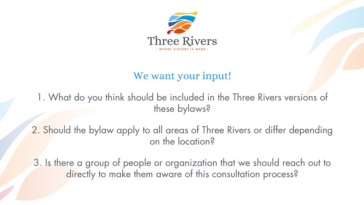 Town of Three Rivers PEI (@threerivers_pei) on Twitter photo Over the next few months The Town of Three Rivers will be creating new bylaws for the following areas of concern:
Dangerous, Hazardous, and Unsightly Premises
Parking and Traffic Control
Nuisance and Noise Control
Email jmarks@threeriverspei.com to contribute your suggestions. Over the next few months The Town of Three Rivers will be creating new bylaws for the following areas of concern:
Dangerous, Hazardous, and Unsightly Premises
Parking and Traffic Control
Nuisance and Noise Control
Email jmarks@threeriverspei.com to contribute your suggestions.