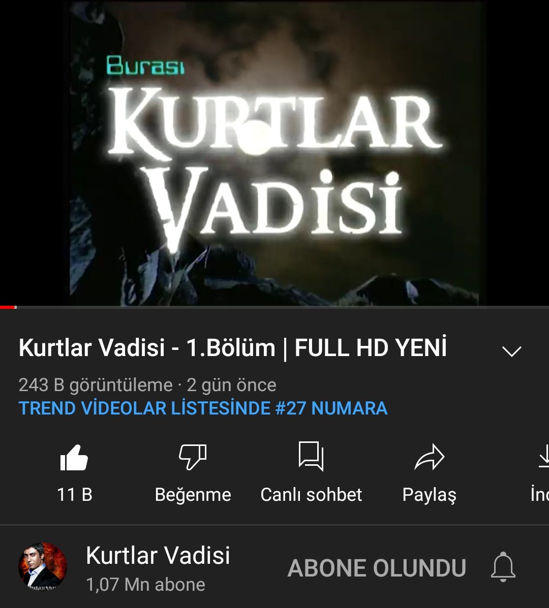 Kurtlar Vadisi öyle bir dizi ki yıllar sonra bile eski bölümlerin yeniden yüklenmesiyle trende giriyor. Ne kadar kaliteli olduğunu varın burdan anlayın. Tartışmasız Türkiye'nin en iyisi😎

#KurtlarVadisi