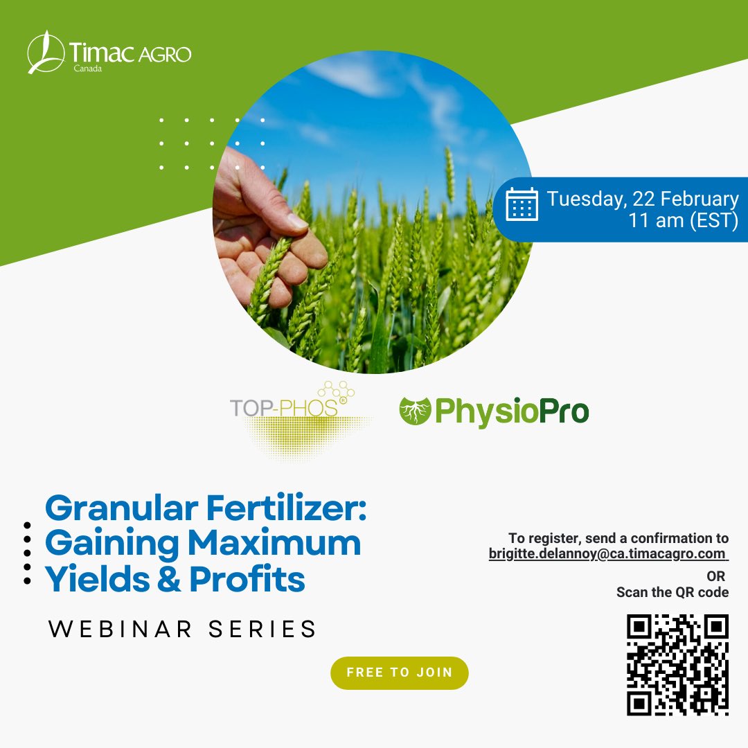 TimacAgroCanada's tweet image. Kick-off the new year in farming by joining our team's 2022 webinar series! 🌱🖥

Our first of three webinars: "Protect Your Nitrogen Investment" will be this Friday at 11am EST! To register please email brigitte.delannoy@ca.timacagro.com

ca.timacagro.com #AgTwitter