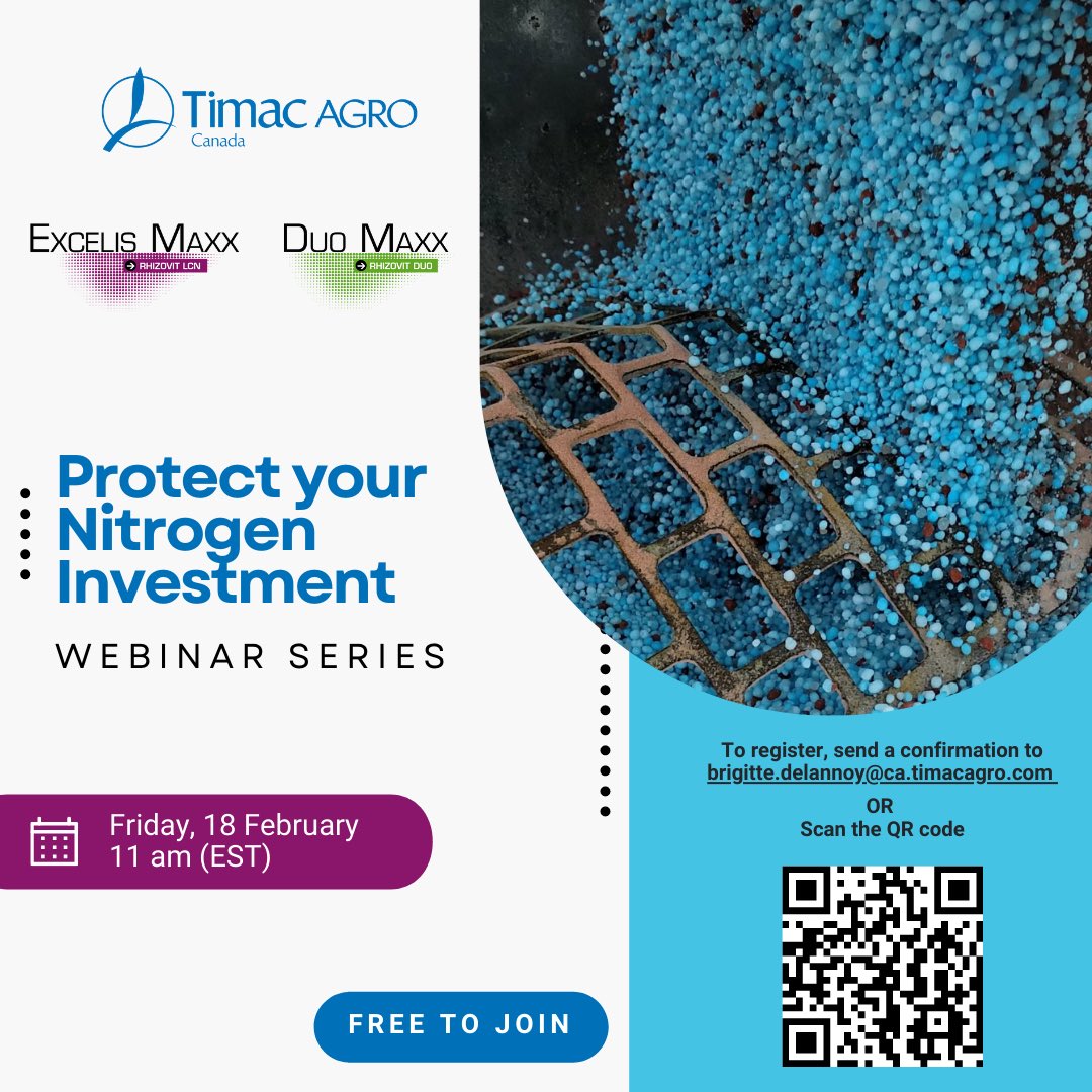 TimacAgroCanada's tweet image. Kick-off the new year in farming by joining our team's 2022 webinar series! 🌱🖥

Our first of three webinars: "Protect Your Nitrogen Investment" will be this Friday at 11am EST! To register please email brigitte.delannoy@ca.timacagro.com

ca.timacagro.com #AgTwitter
