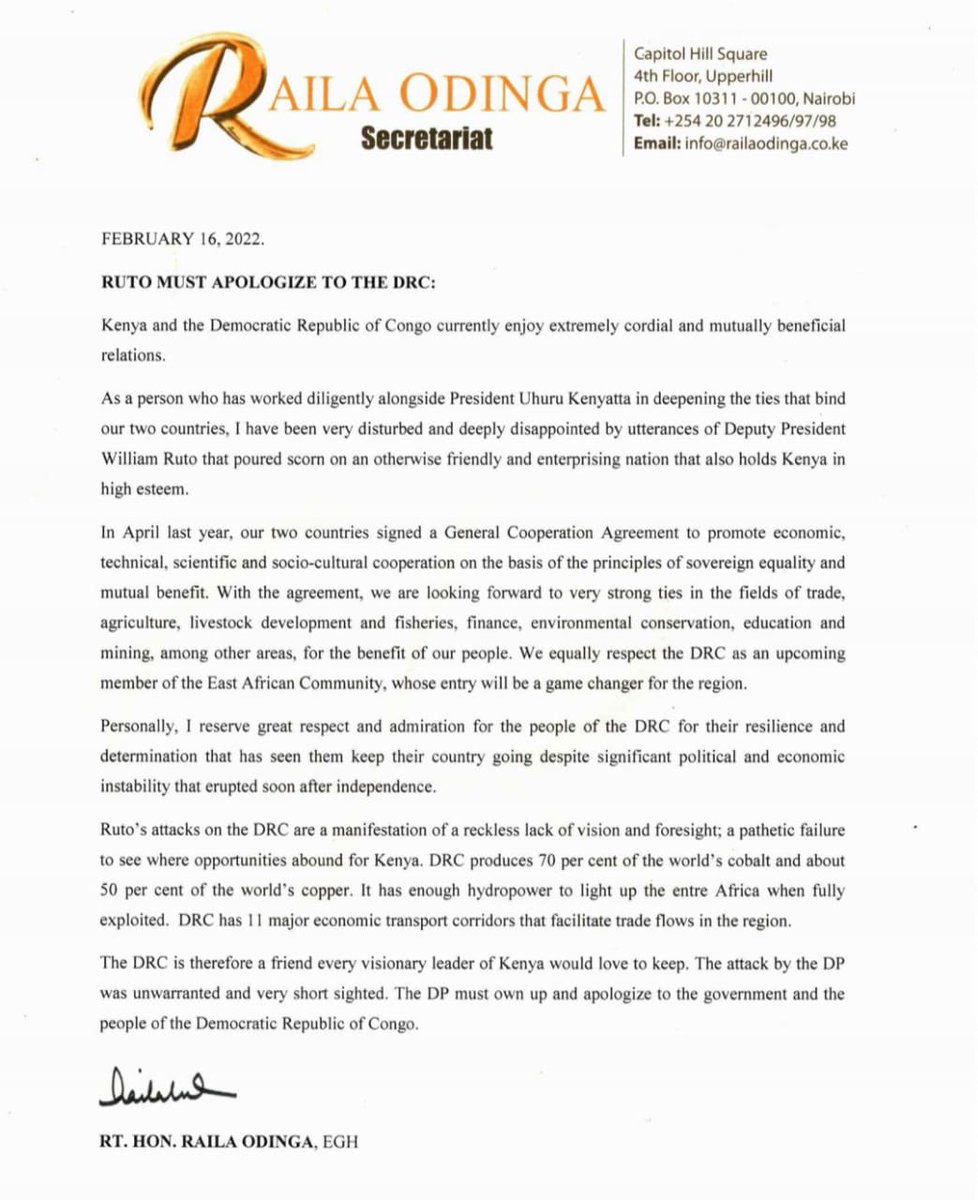 pascal_mulegwa's tweet photo. L’attaque du vice-président Kenyan @WilliamsRuto est “aveugle et injustifiée”, réagit @RailaOdinga qui rappelle les potentiels de la #RDC🇨🇩. https://t.co/mJdoRERIPb